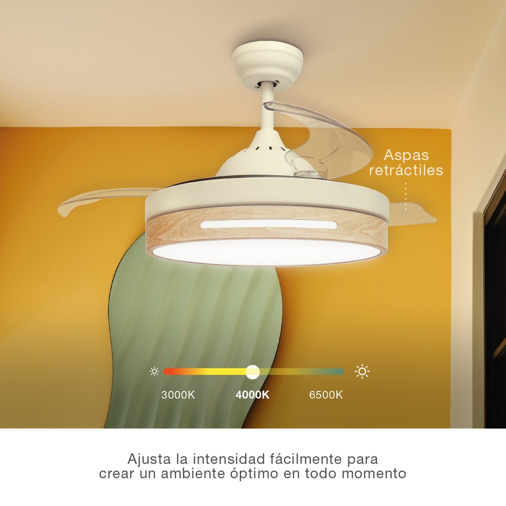 Ventilador de techo Buccheri con luz CCT regulable y mando – 107 cm, 3 aspas retráctiles, DC, Blanco - Imagen 3
